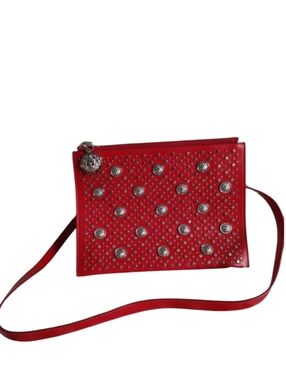 Versus Versace Red Leather Silver Lion Crossbody Clutch Bag